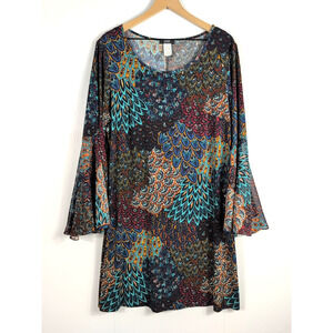MSK Dress 2X Multicolor Paisley Bell Sleeve Scoop Neck Boho Stretch Tunic